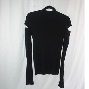 Helmut Lang Black Ribbed Mock Neck Cold Shoulder Cut Out Long Sleeve Knit Top L